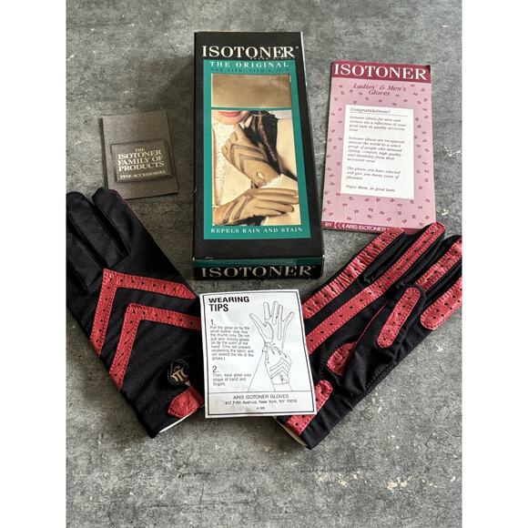 Vtg Isotoner Gloves The Original Womens One Size Black w/ Red Leather Detailing - Picture 1 of 8